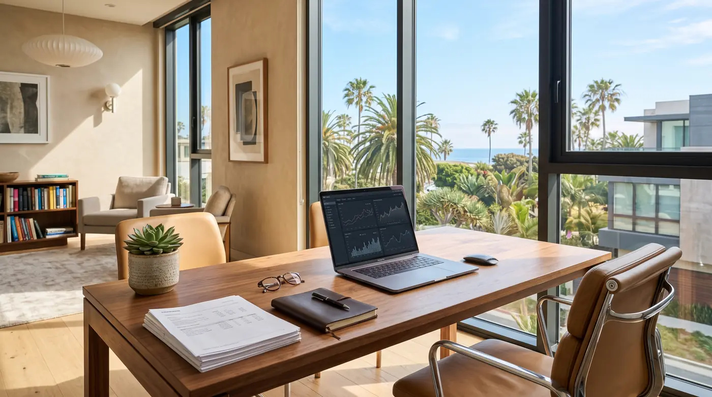Refined coastal Southern California office overlooking palm trees and the ocean