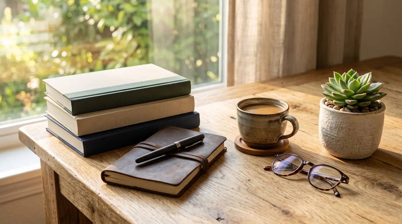 A desk with books, a journal, reading glasses, and coffee — guidance for dental practice owners