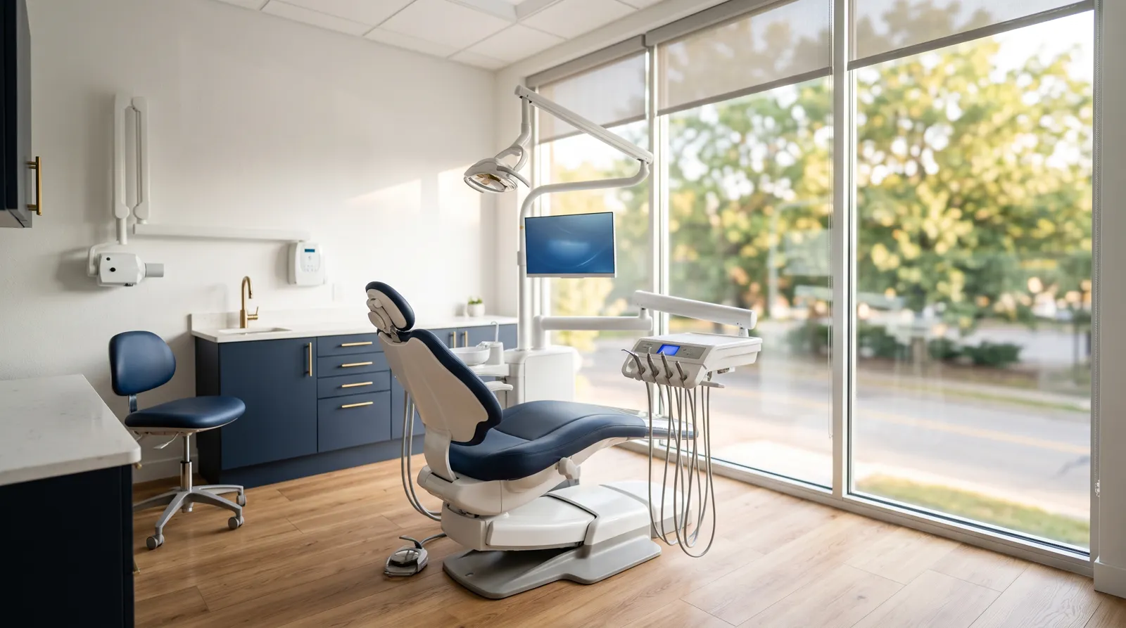 A bright, clean modern dental operatory with a navy chair and large window