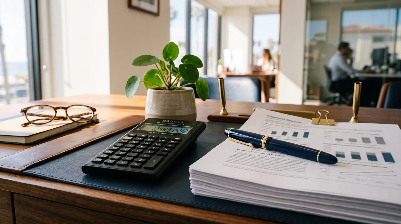 A financial calculator, fountain pen, and printed financial reports on a desk in a sunlit office