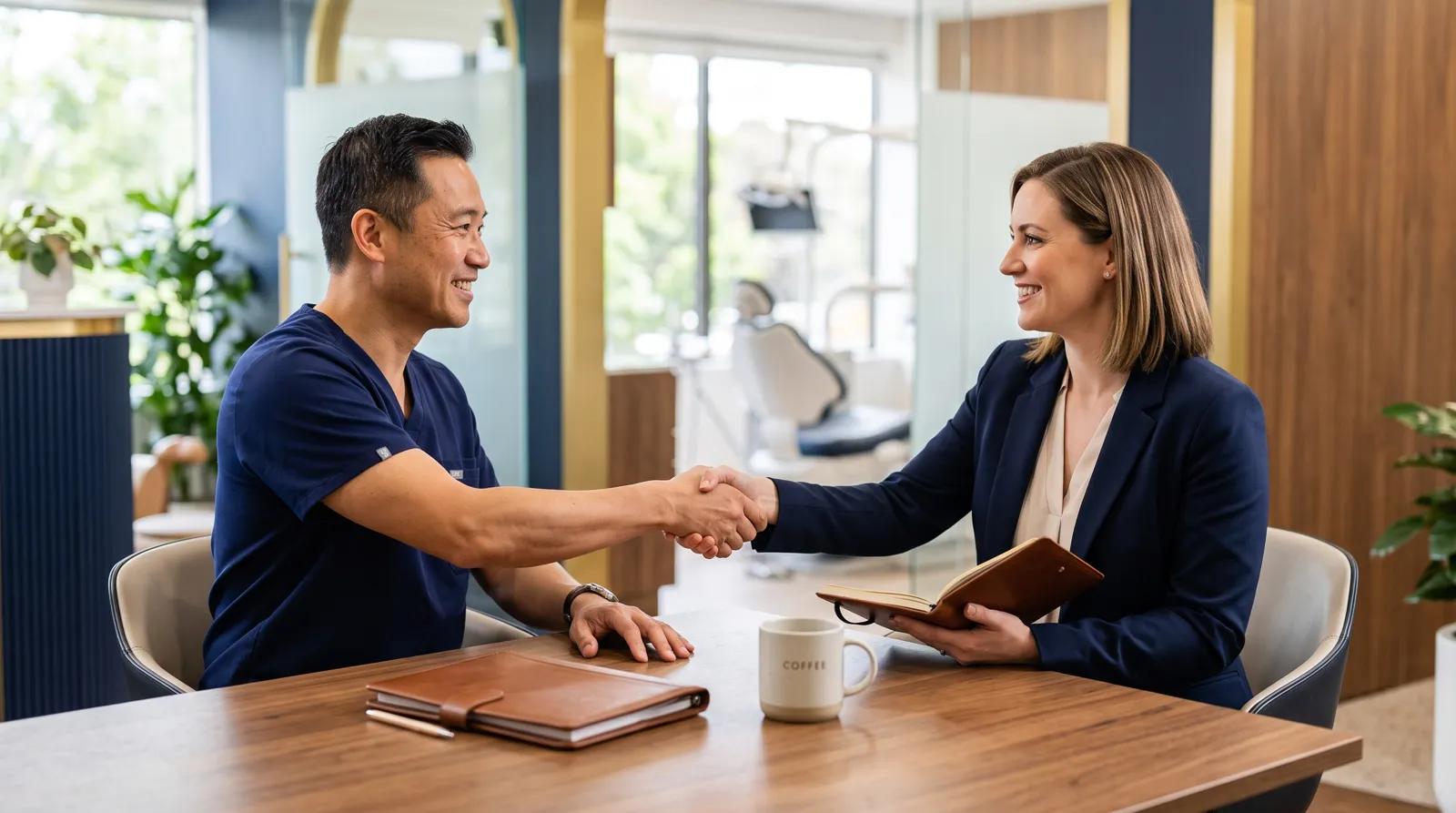 A dentist and a business advisor shaking hands across a desk in a bright modern practice