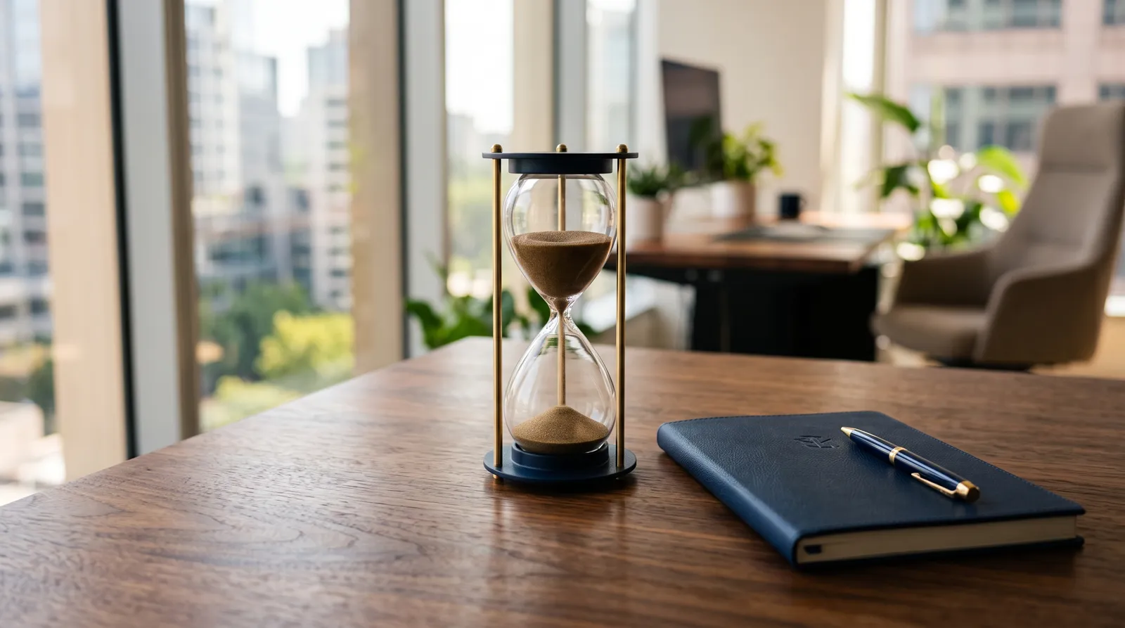 An hourglass and a leather notebook on a wooden desk by a sunlit office window