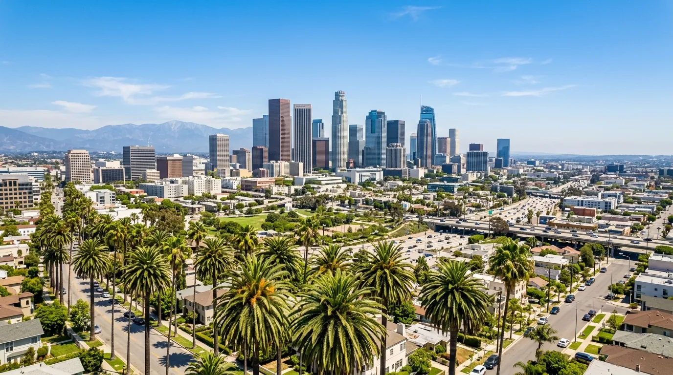 Los Angeles skyline at golden hour representing the LA dental practice market