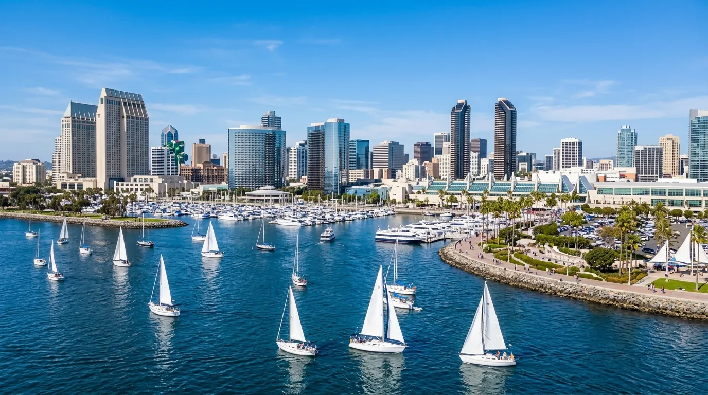 San Diego coastline and skyline representing the San Diego dental practice market