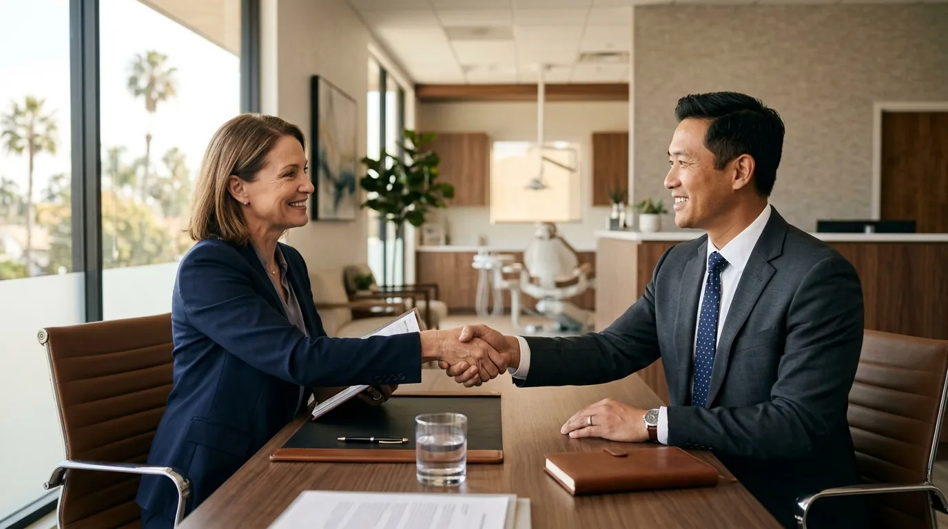 Dentist and advisor reviewing a California dental practice sale agreement